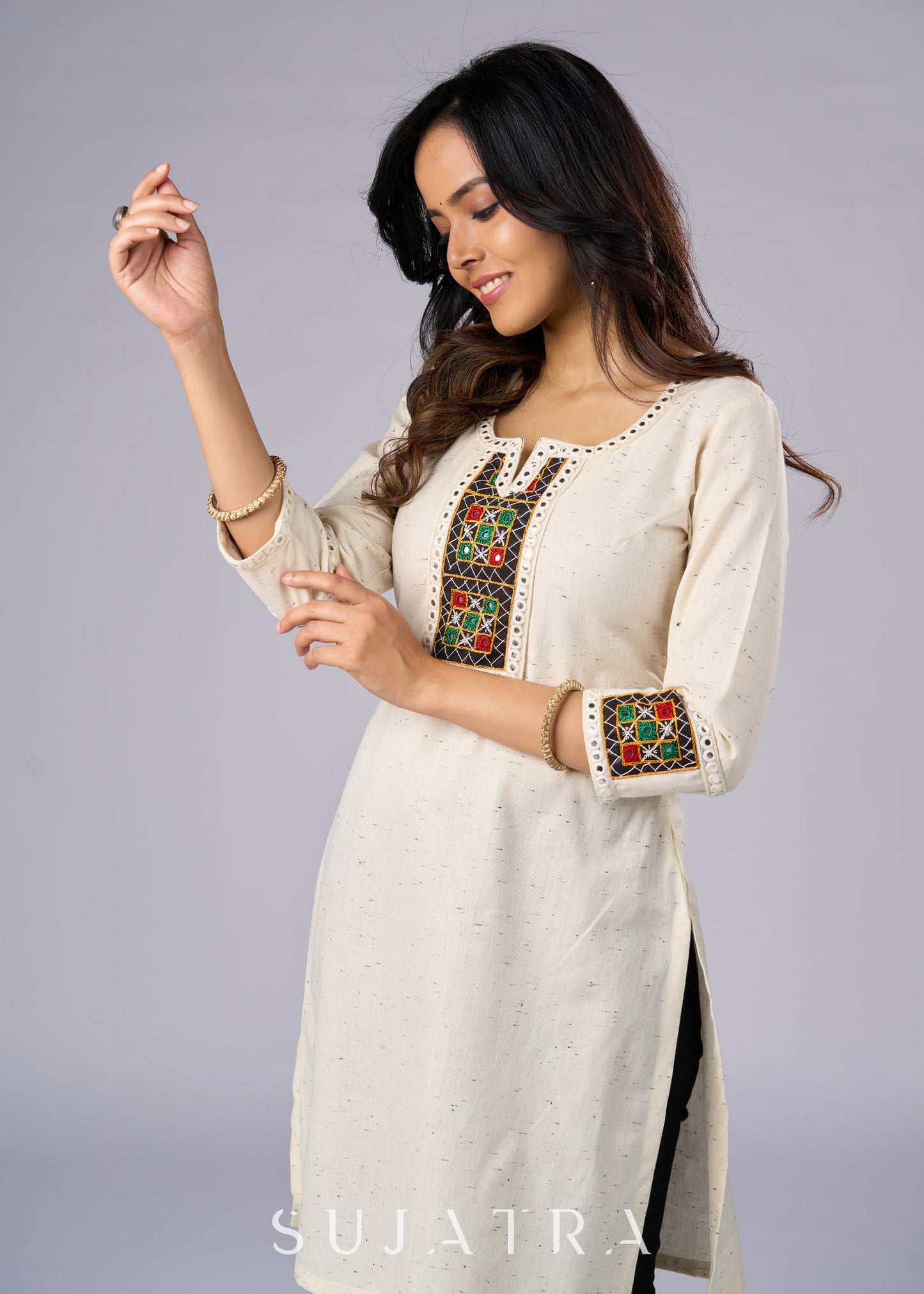 Elegant Off White Cotton Tunic with Intricate Mirror Patch Work