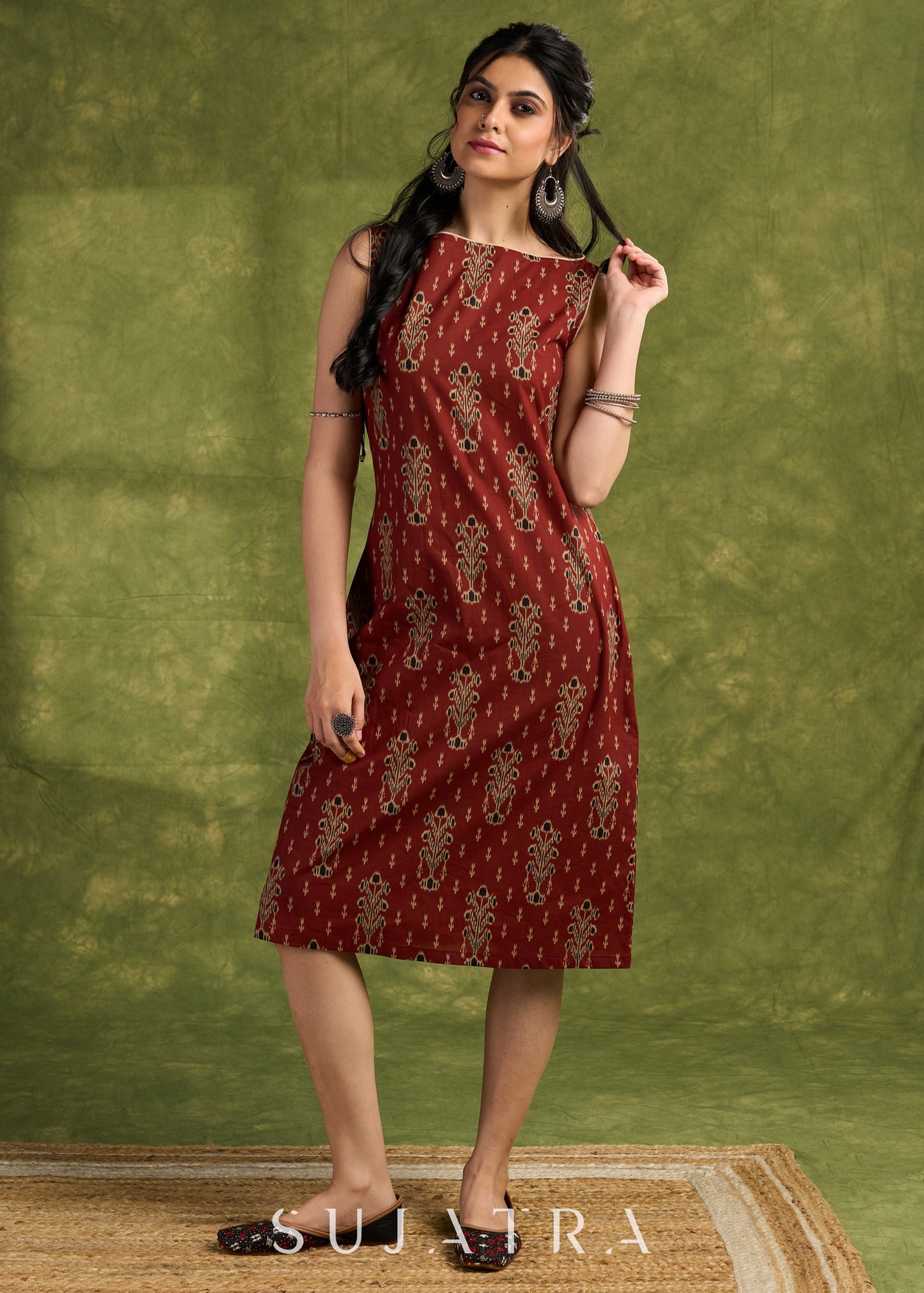 Rust Floral Ajrakh Cotton Dress. Subtle Rust Tones With Delicate Floral Block Prints