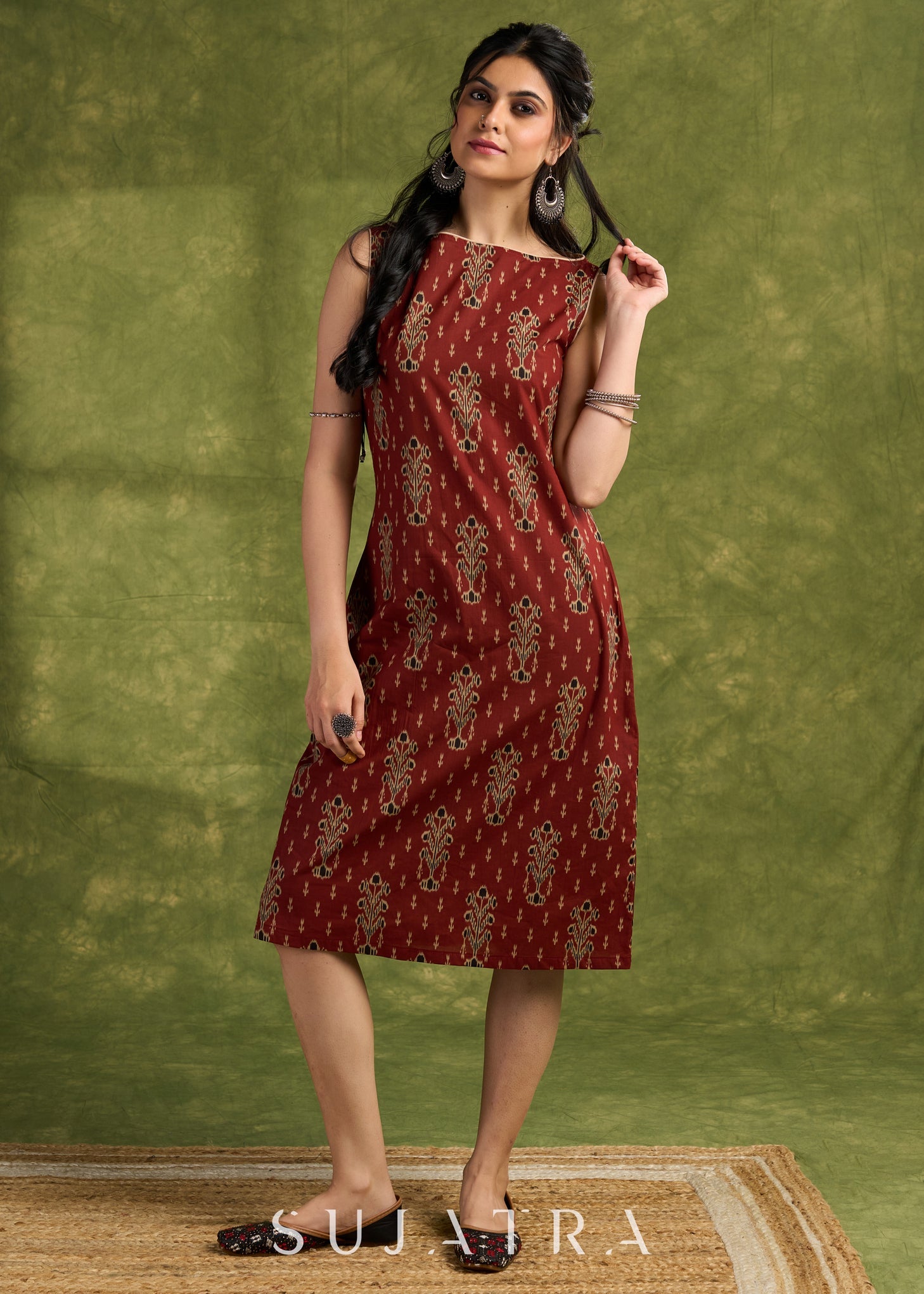 Rust Floral Ajrakh Cotton Dress. Subtle Rust Tones With Delicate Floral Block Prints