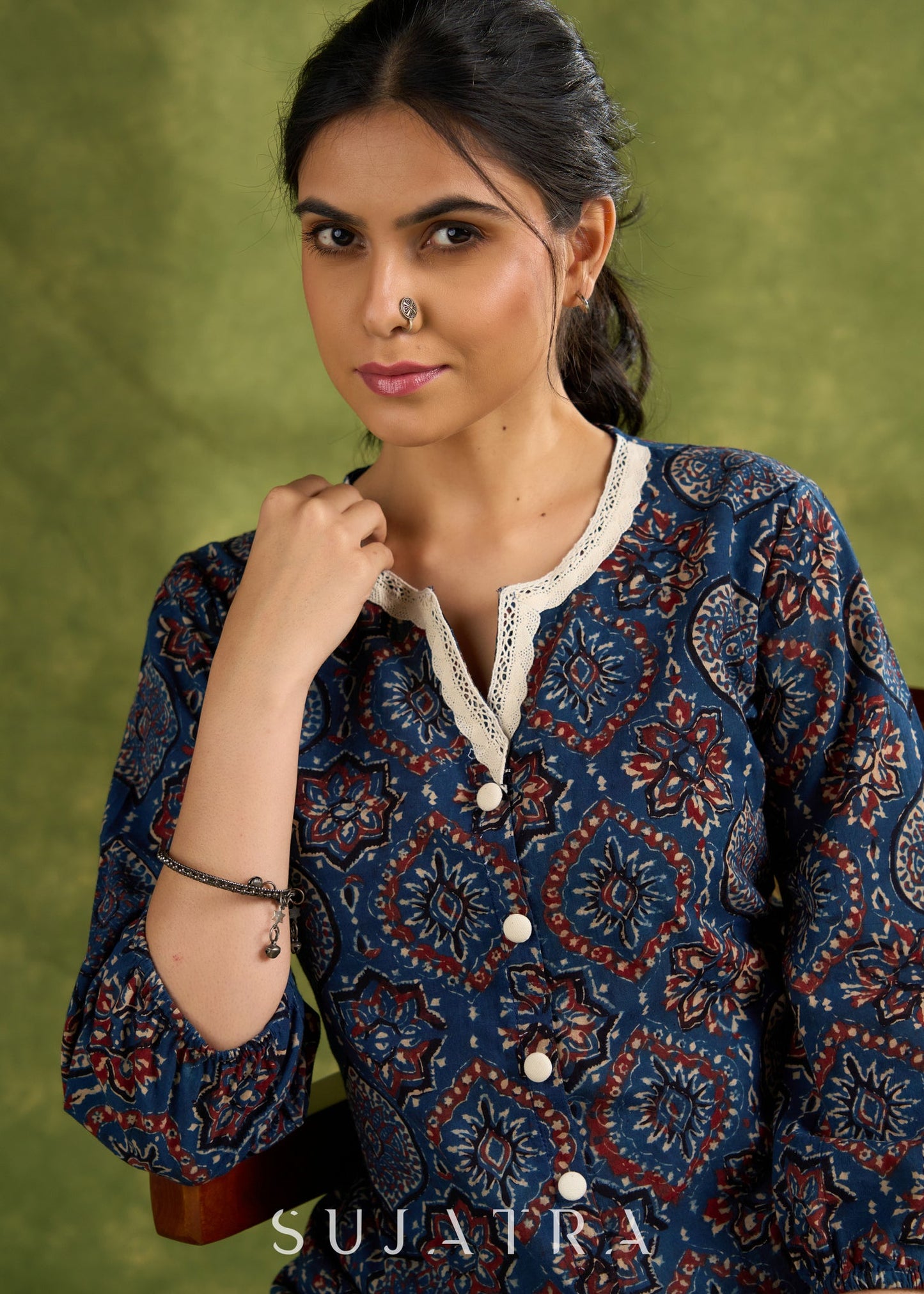 Blue Ajrakh Hand Blocked Cotton Top With Laces - Pant Optional