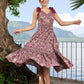 Graceful wine cotton floral printed dress with frill sleeves