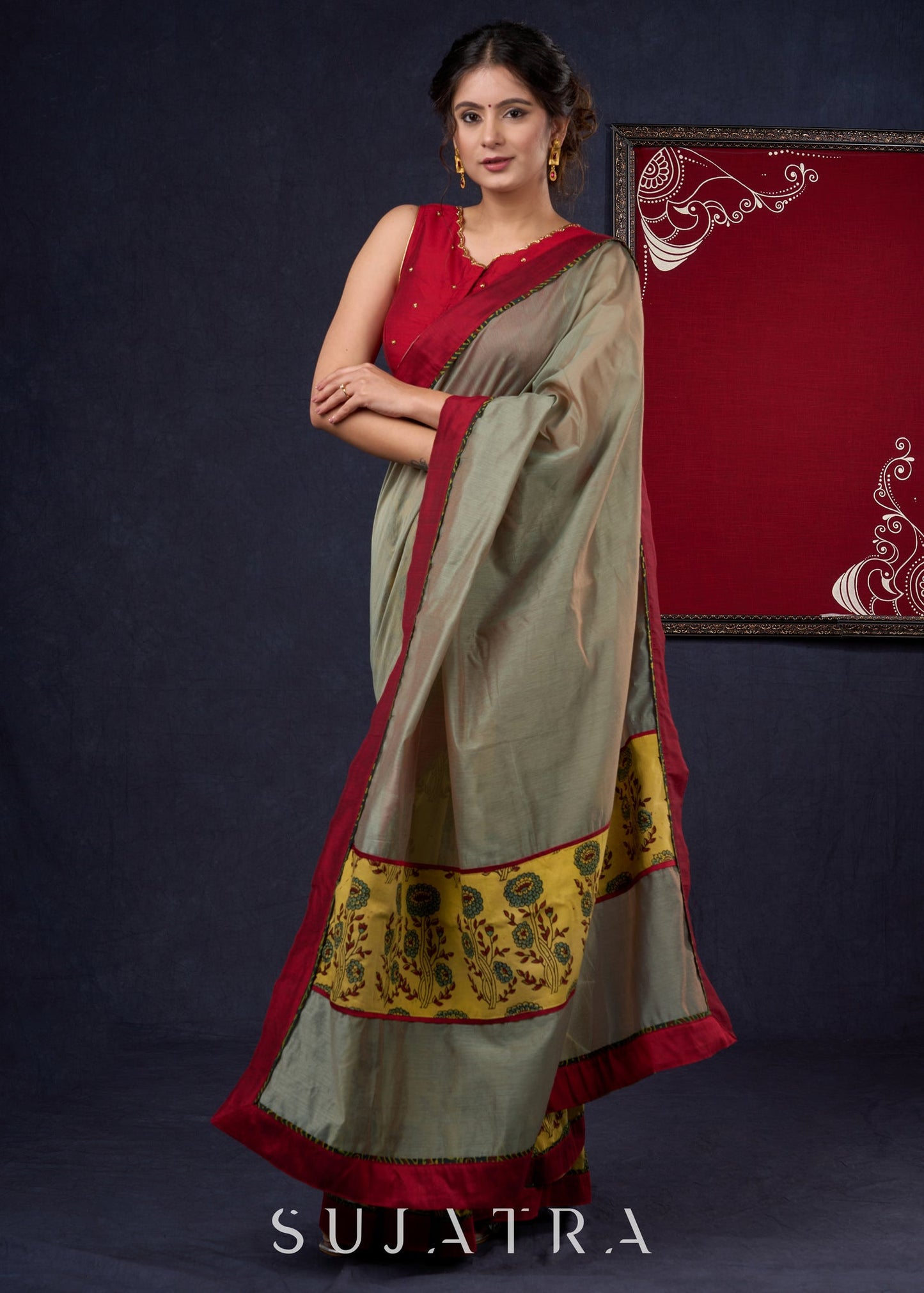 Stylish Chanderi & Hand block printed natural color Ajrakh Combination Designer Saree