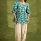 Mint Green Cotton Printed Gathered Sleeve Top With Laces - Pant Optional