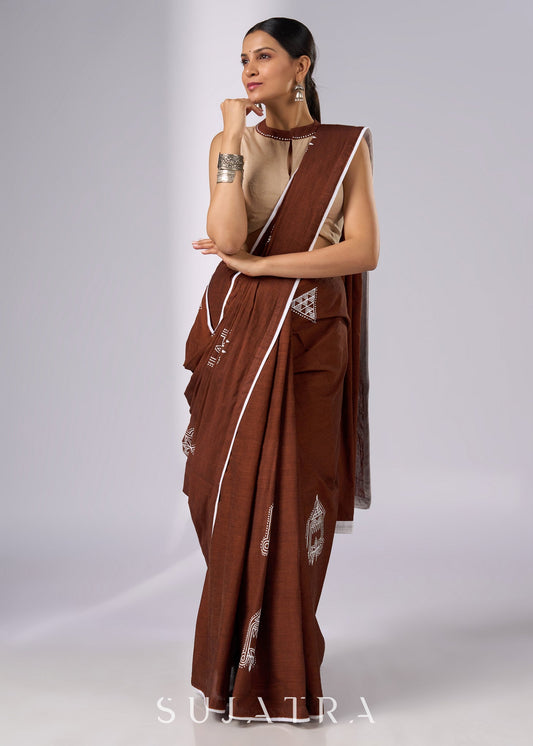 Minimalist brown cotton saree with sophisticated hand painting motifs