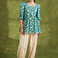 Mint Green Cotton Printed Gathered Sleeve Top With Laces - Pant Optional