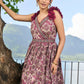 Graceful wine cotton floral printed dress with frill sleeves