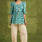 Mint Green Cotton Printed Gathered Sleeve Top With Laces - Pant Optional