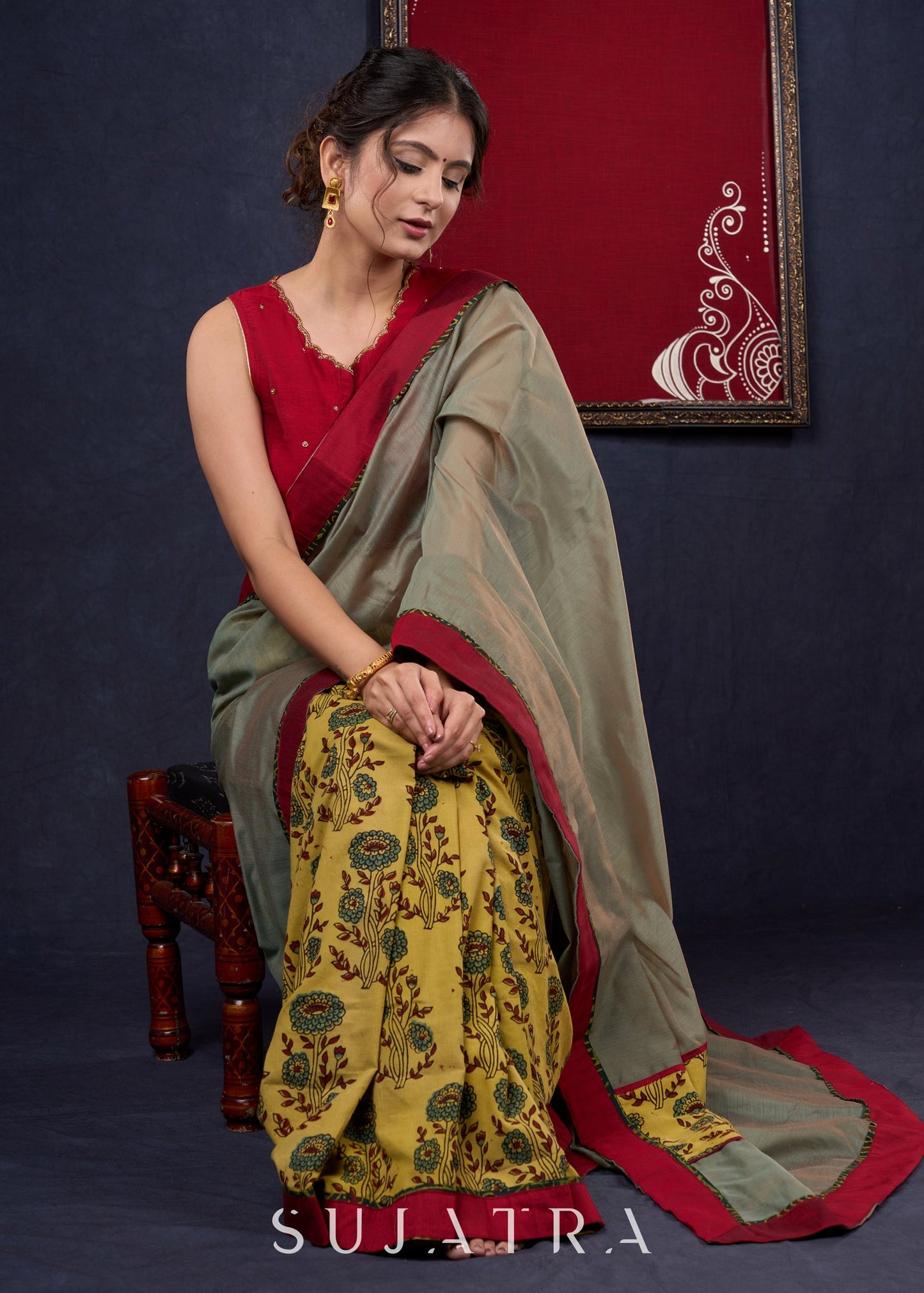 Stylish Chanderi & Hand block printed natural color Ajrakh Combination Designer Saree