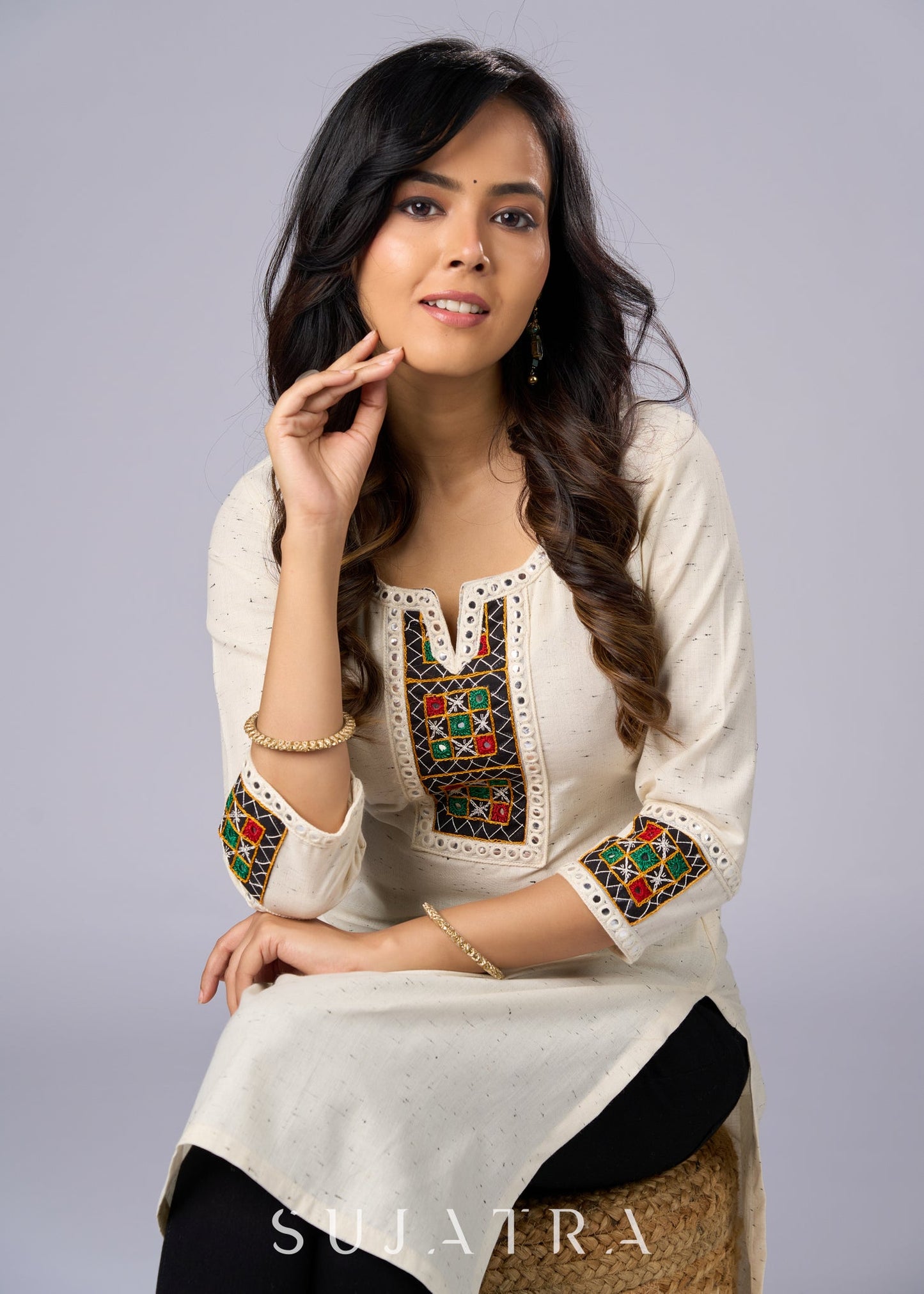 Elegant Off White Cotton Tunic with Intricate Mirror Patch Work