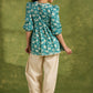 Mint Green Cotton Printed Gathered Sleeve Top With Laces - Pant Optional