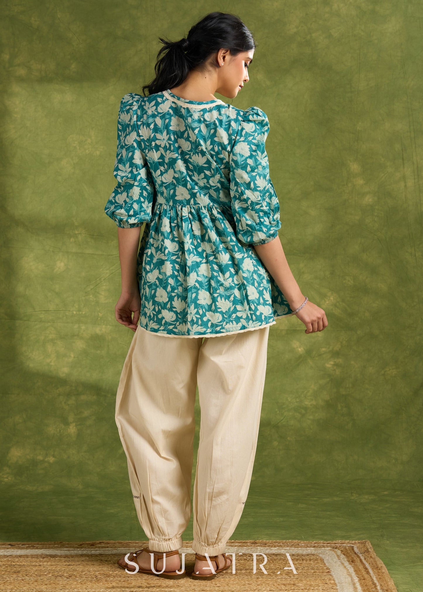 Mint Green Cotton Printed Gathered Sleeve Top With Laces - Pant Optional