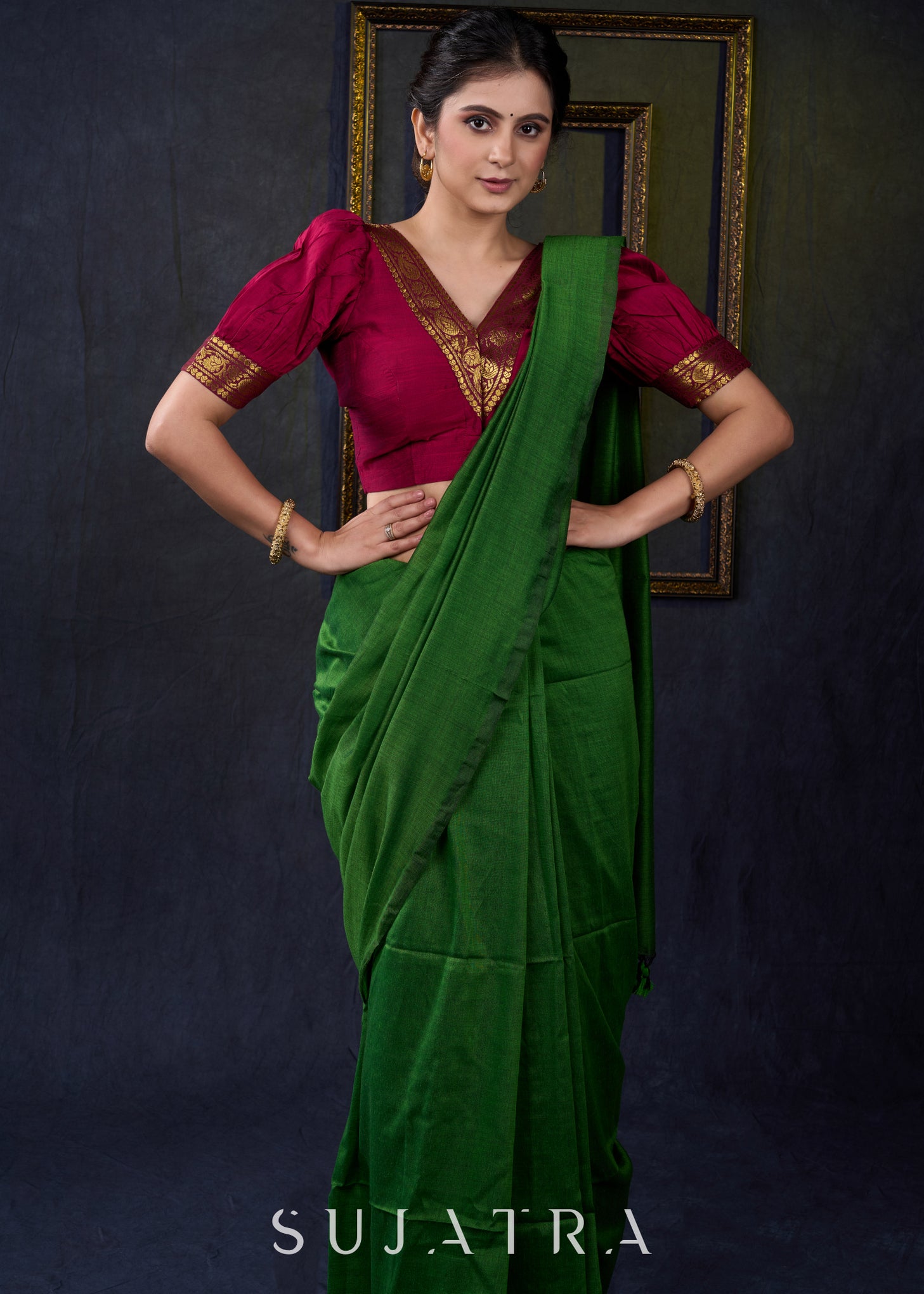 Exclusive Green Cotton Silk Saree with elegant shine