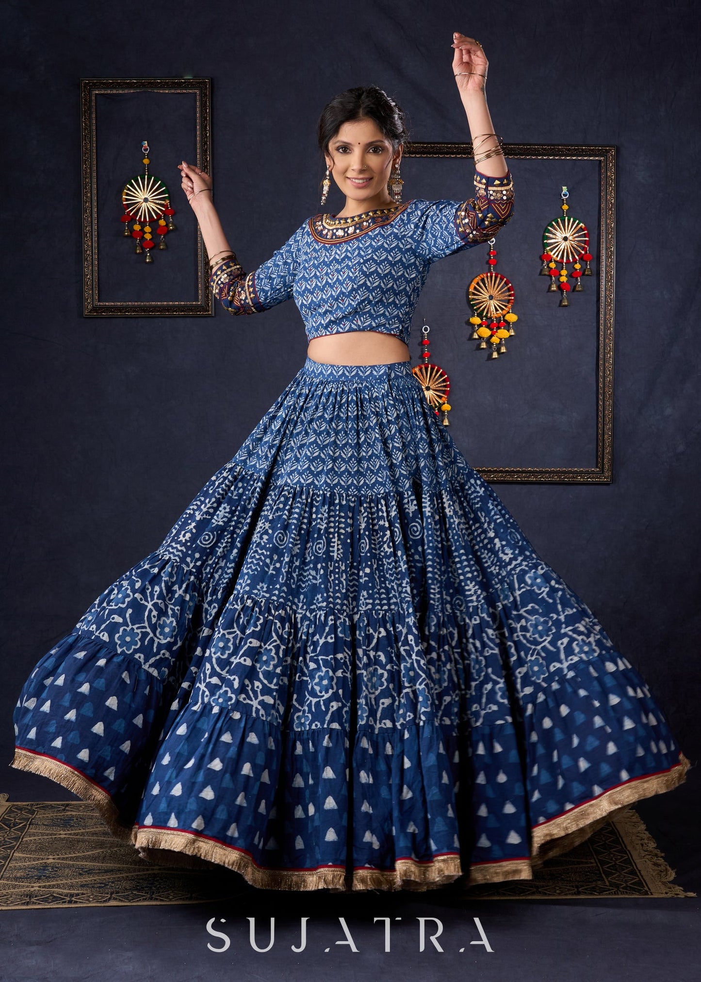 Indigo Prints Mix & Match Lehenga With Antique Gold Embroidery On Blouse & Matching Dupatta.