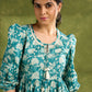 Mint Green Cotton Printed Gathered Sleeve Top With Laces - Pant Optional