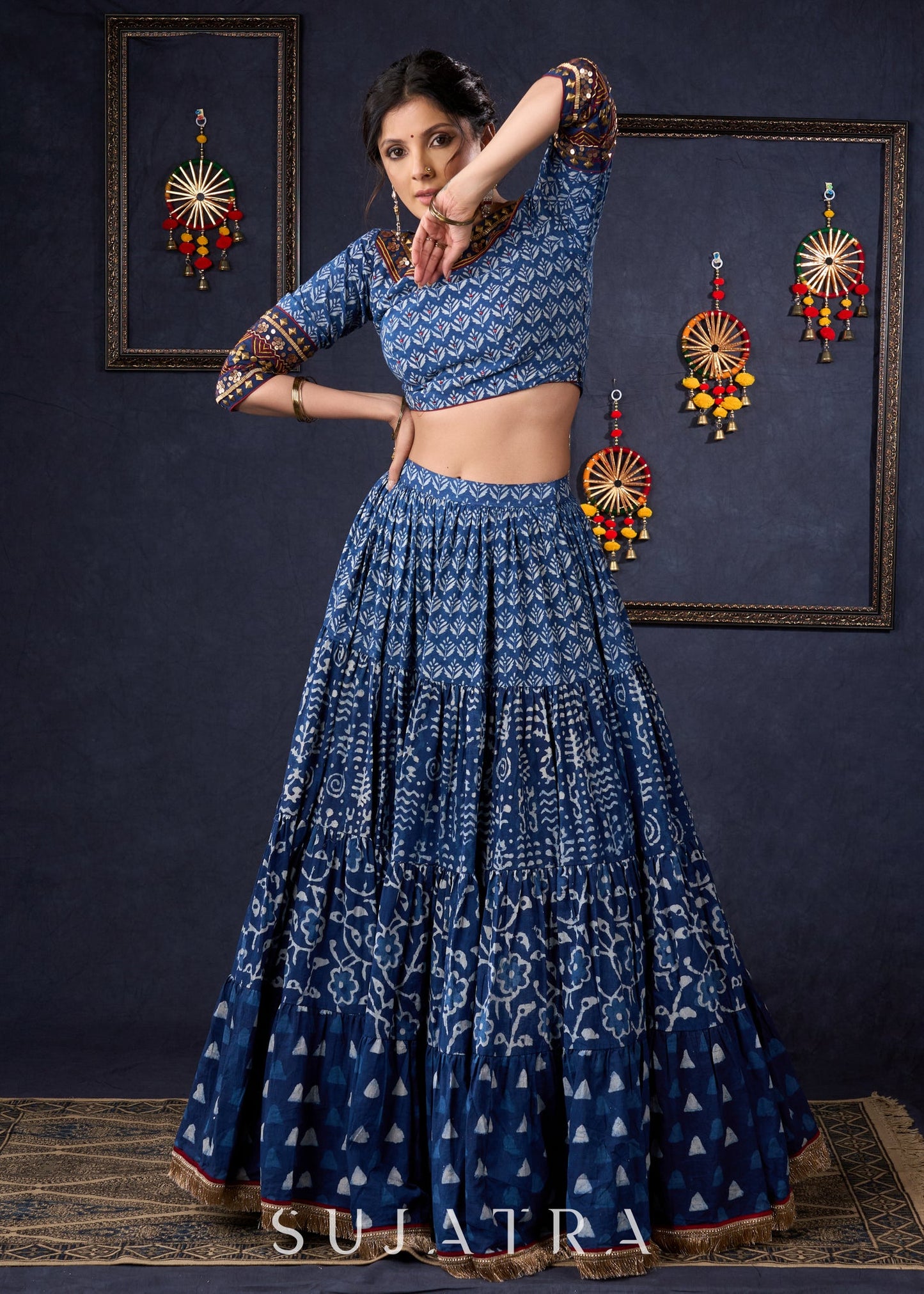 Indigo Prints Mix & Match Lehenga With Antique Gold Embroidery On Blouse & Matching Dupatta.