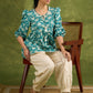 Mint Green Cotton Printed Gathered Sleeve Top With Laces - Pant Optional