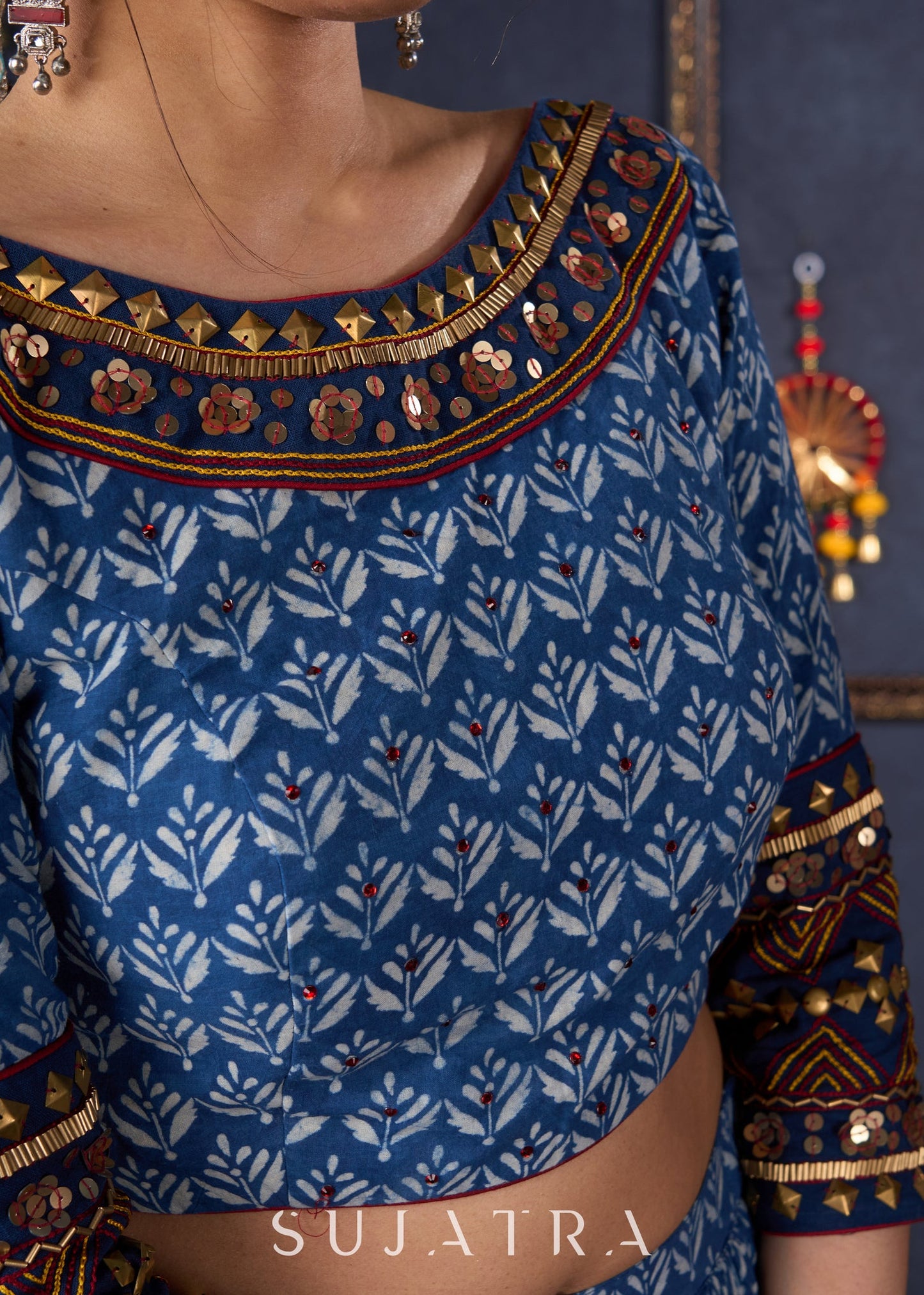 Indigo Prints Mix & Match Lehenga With Antique Gold Embroidery On Blouse & Matching Dupatta.