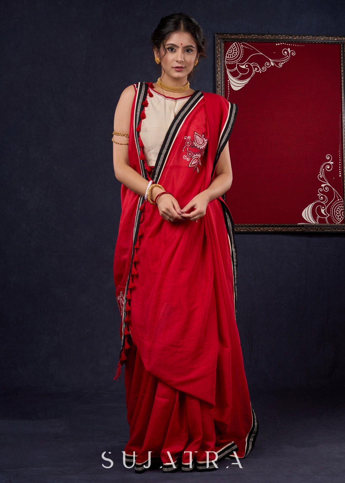 Red Bengal Cotton Saree with Intricate Hand-painted & Embellished Saree