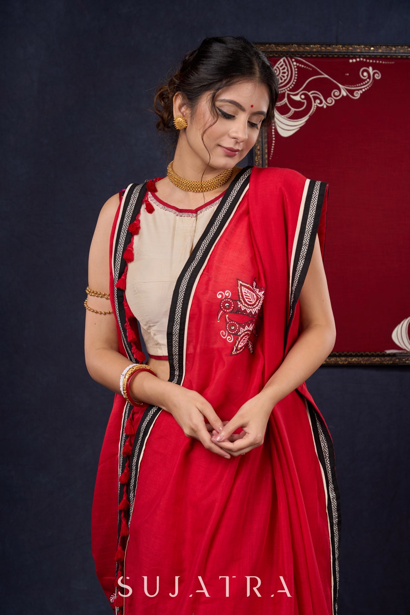 Red Bengal Cotton Saree with Intricate Hand-painted & Embellished Saree