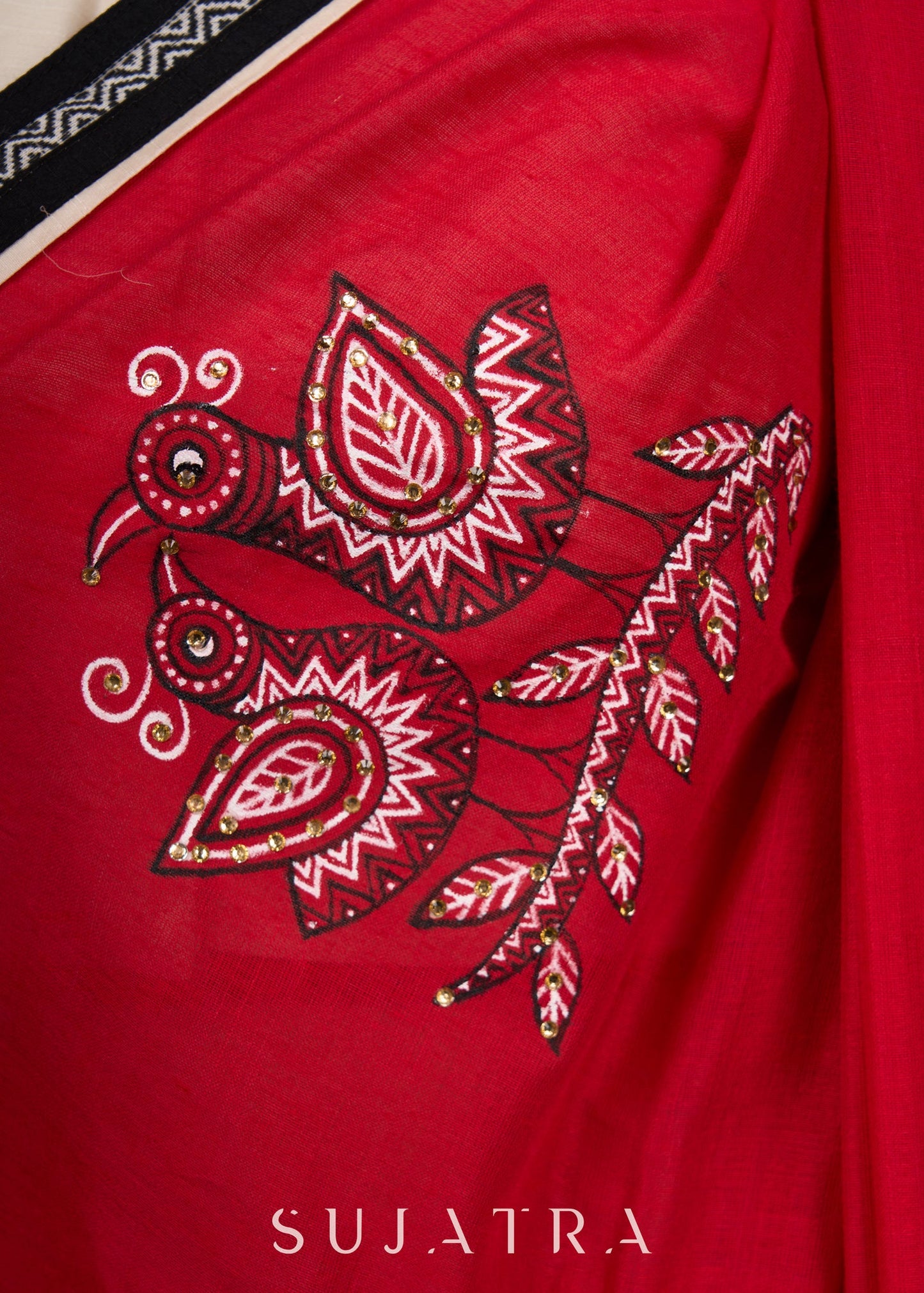 Red Bengal Cotton Saree with Intricate Hand-painted & Embellished Saree