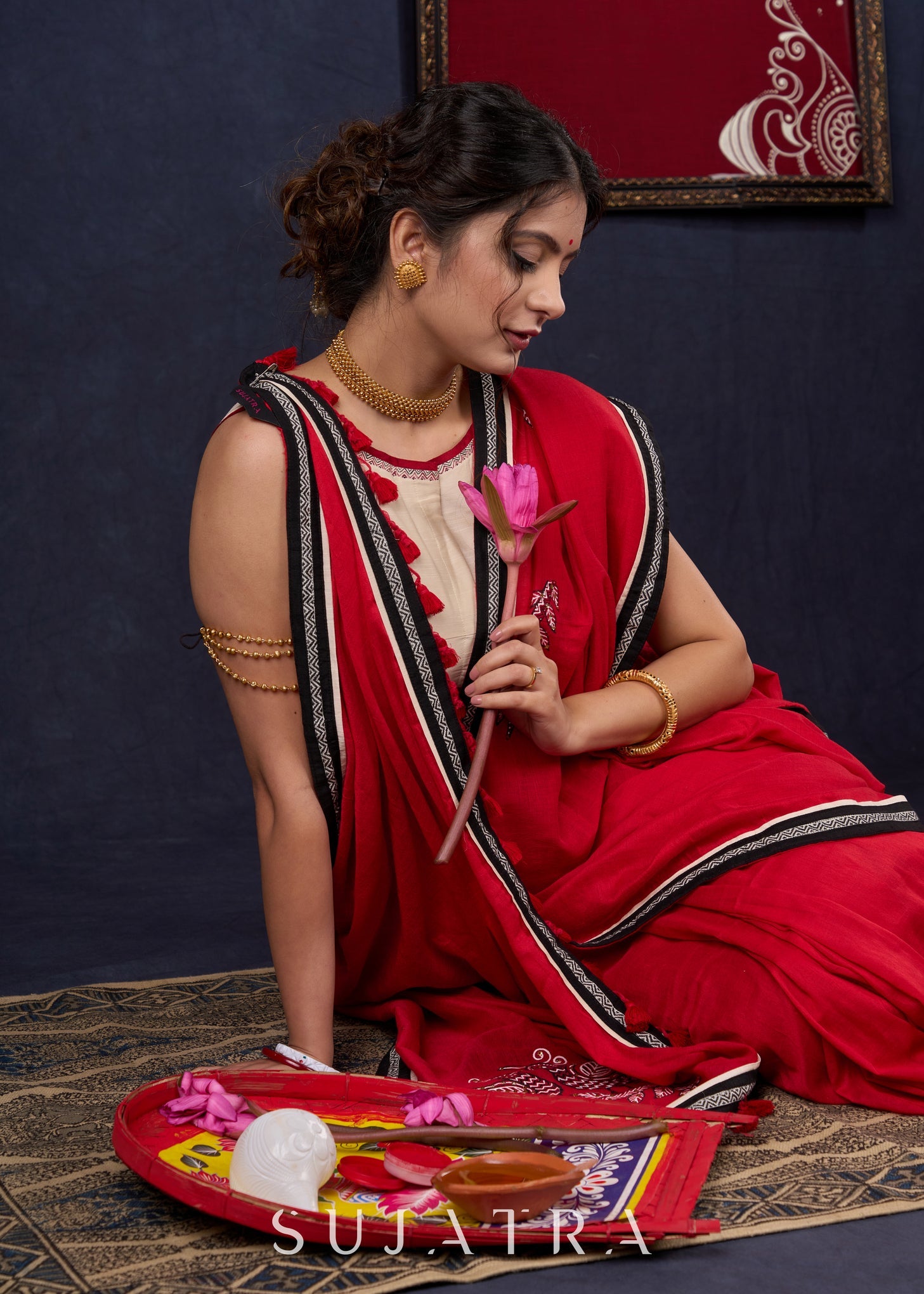 Red Bengal Cotton Saree with Intricate Hand-painted & Embellished Saree