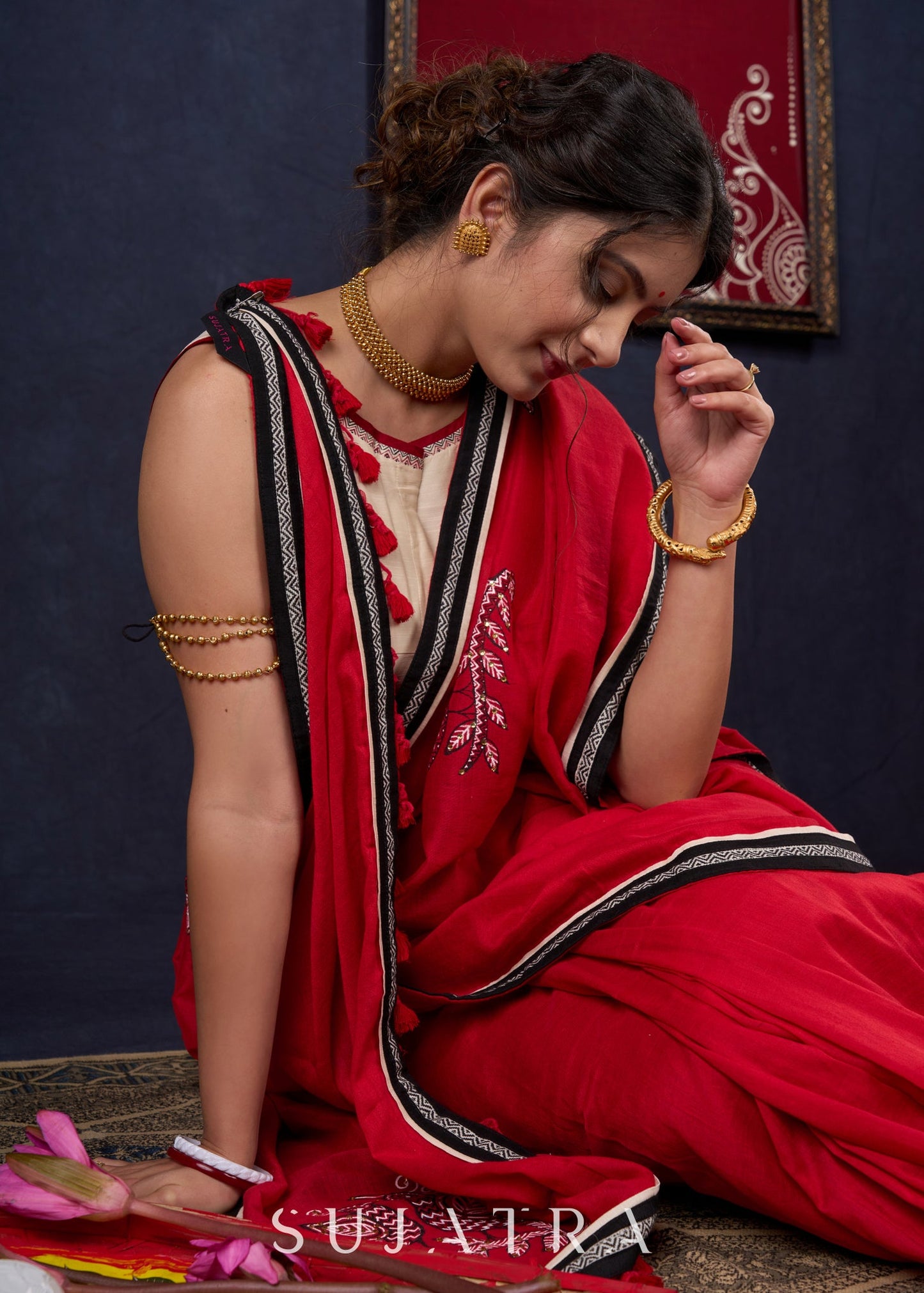 Red Bengal Cotton Saree with Intricate Hand-painted & Embellished Saree