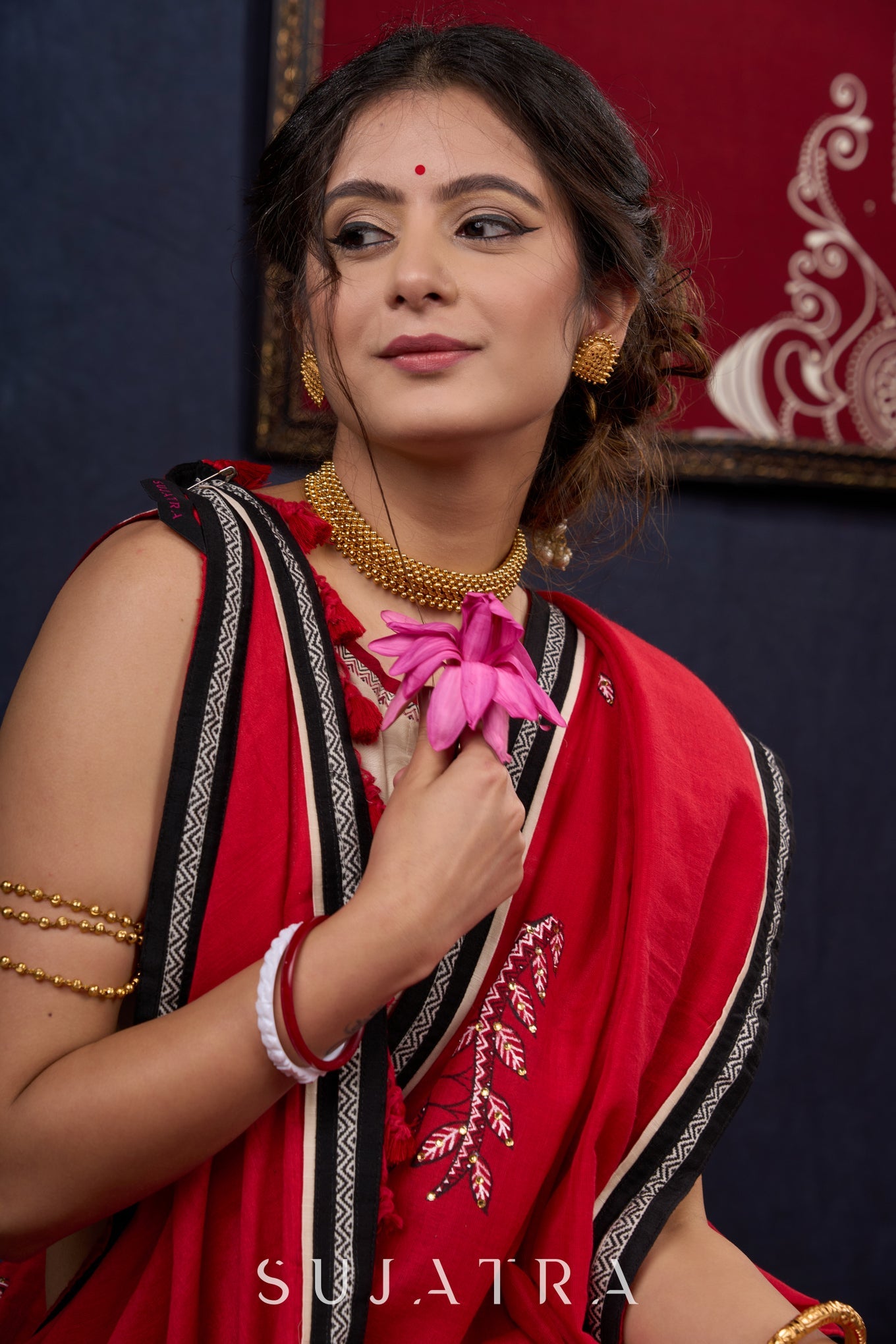 Red Bengal Cotton Saree with Intricate Hand-painted & Embellished Saree