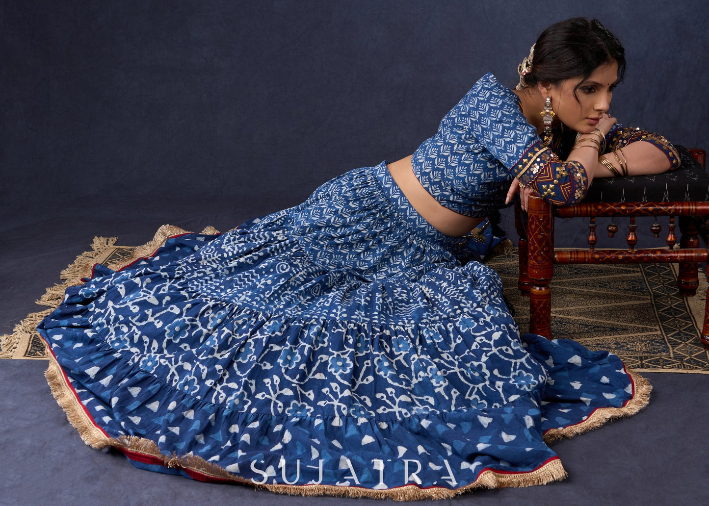 Indigo Prints Mix & Match Lehenga With Antique Gold Embroidery On Blouse & Matching Dupatta.