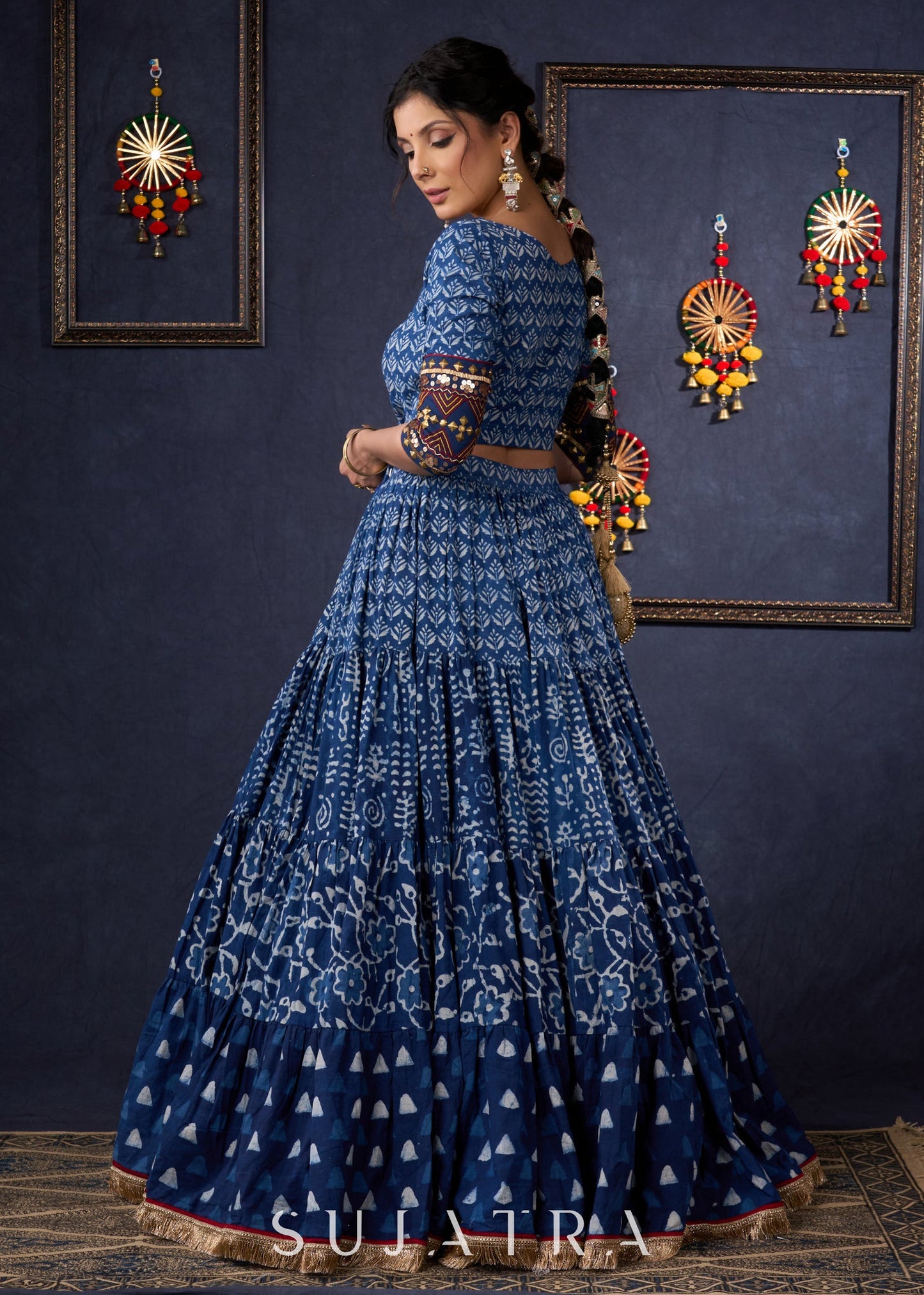 Indigo Prints Mix & Match Lehenga With Antique Gold Embroidery On Blouse & Matching Dupatta.