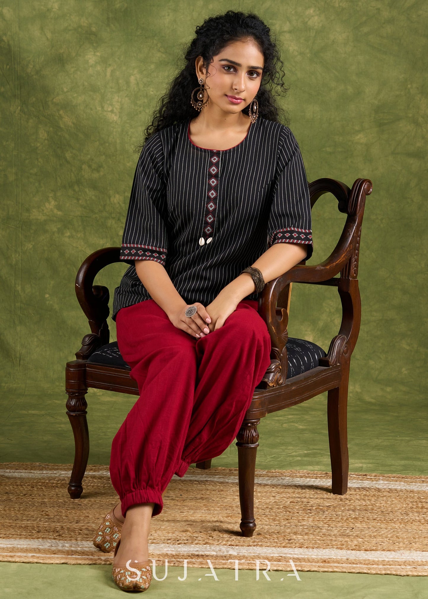 Elegant Black Cotton Trendy Top With Decorative Shells - Pant Optional