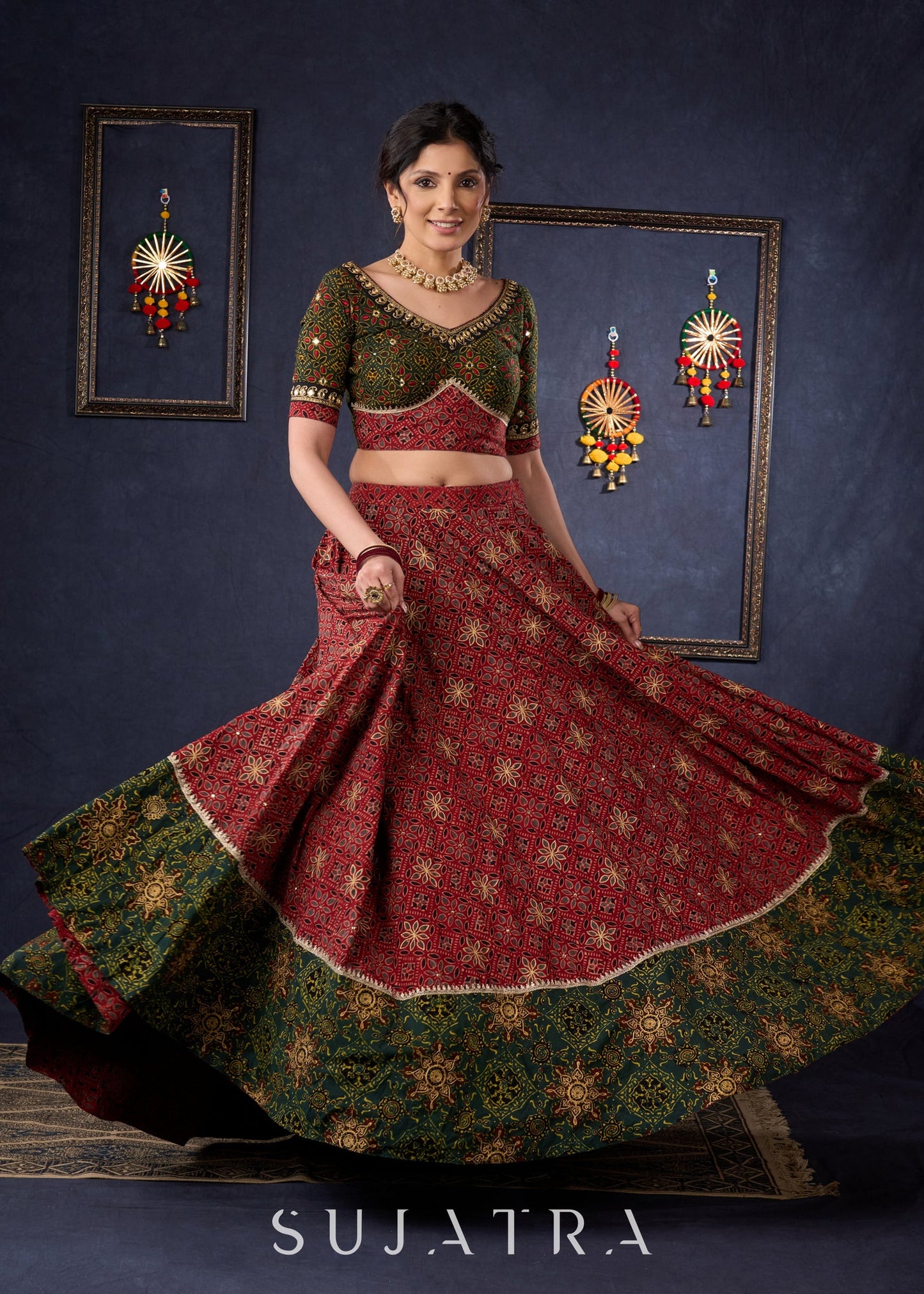 Green & Maroon Ajrakh Mix & Match Lehenga With All Over Embroidery & Contrast Dupatta.