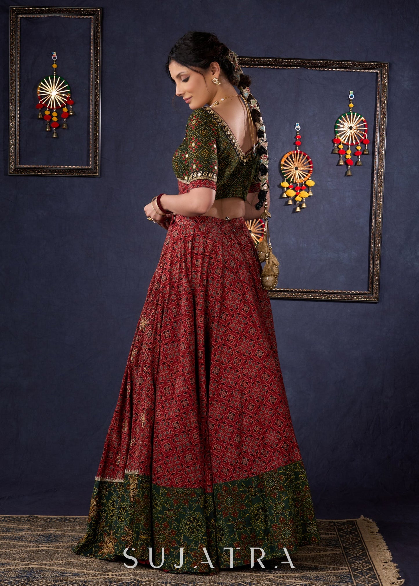 Green & Maroon Ajrakh Mix & Match Lehenga With All Over Embroidery & Contrast Dupatta.