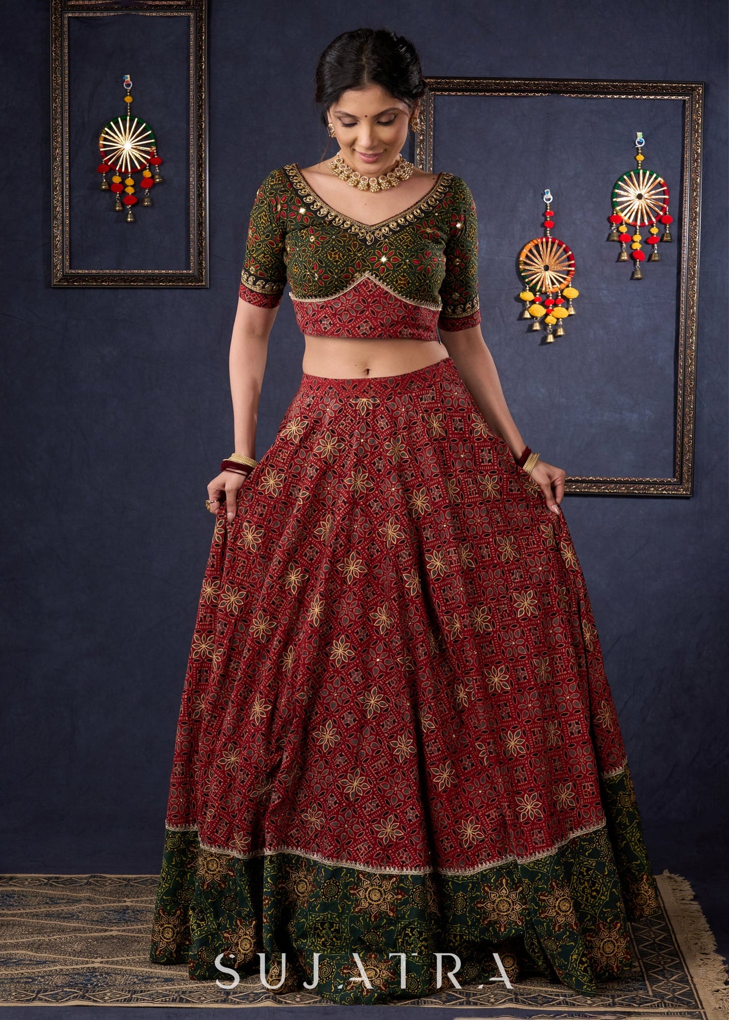 Green & Maroon Ajrakh Mix & Match Lehenga With All Over Embroidery & Contrast Dupatta.