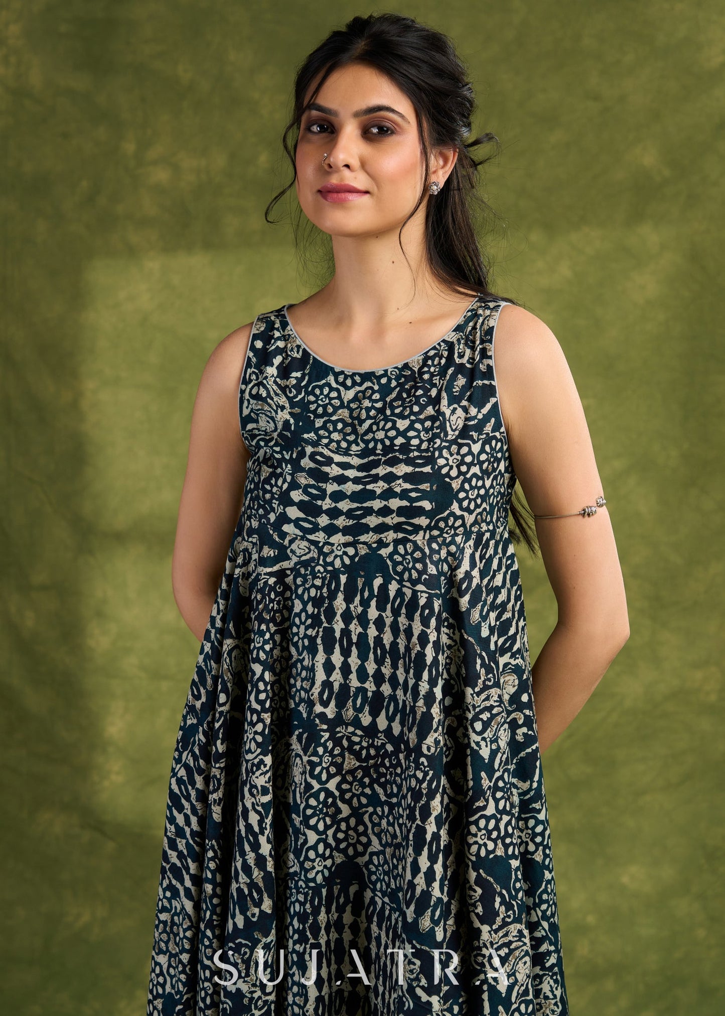 Indigo Boho Rayon Dress. Whimsical Indigo Printed Dress With Eclectic Boho-Inspired Patterns