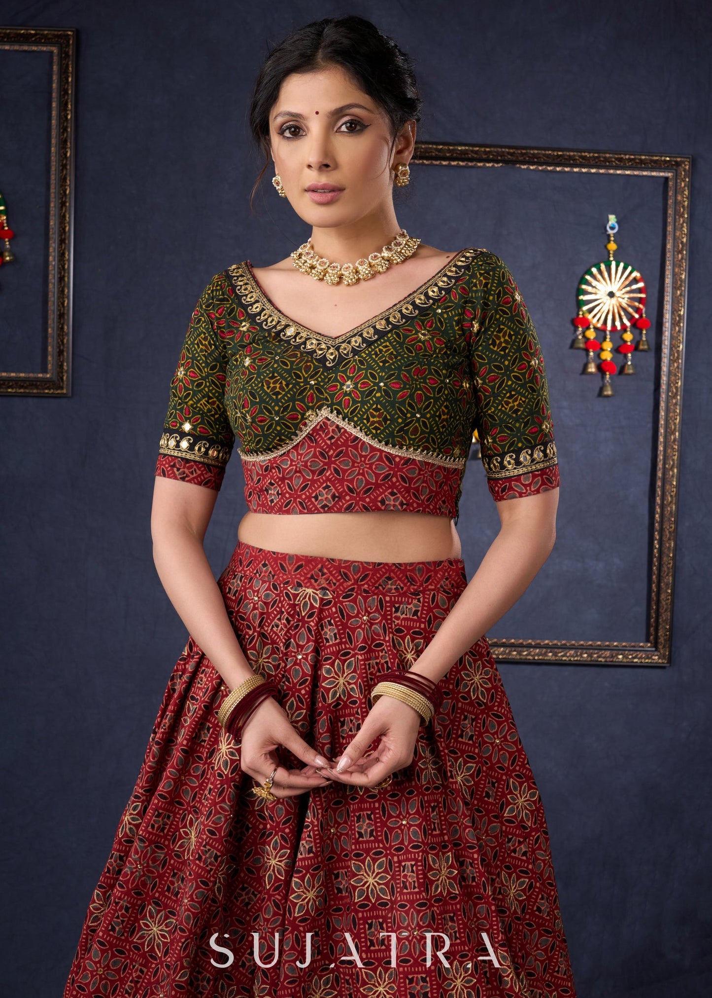 Green & Maroon Ajrakh Mix & Match Lehenga With All Over Embroidery & Contrast Dupatta.