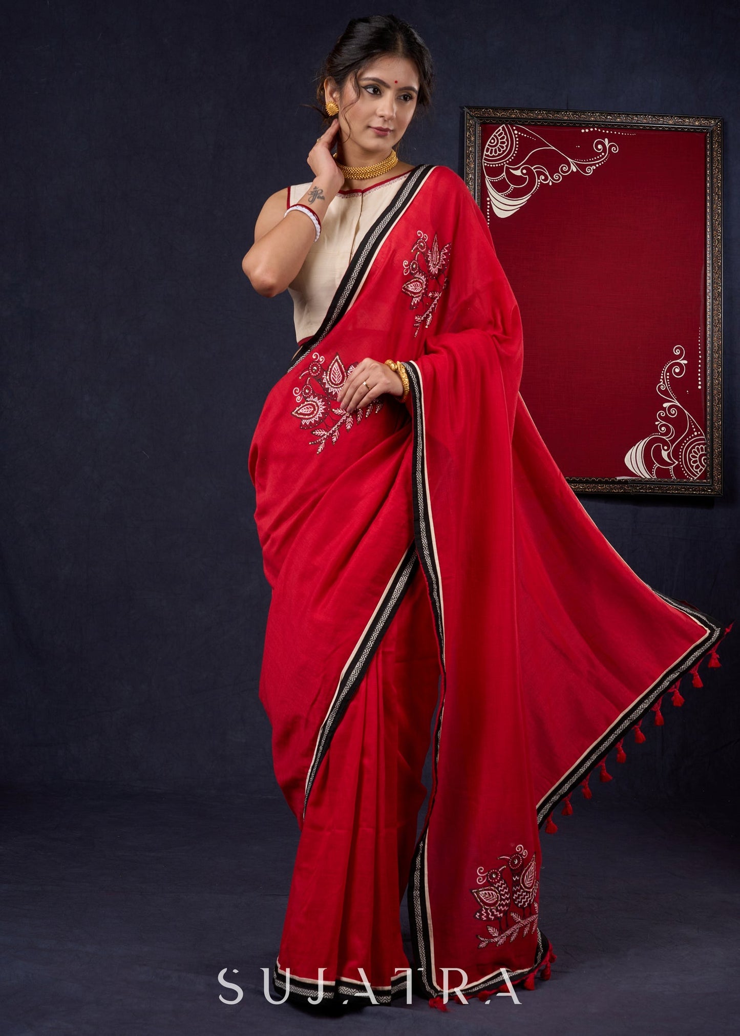 Red Bengal Cotton Saree with Intricate Hand-painted & Embellished Saree