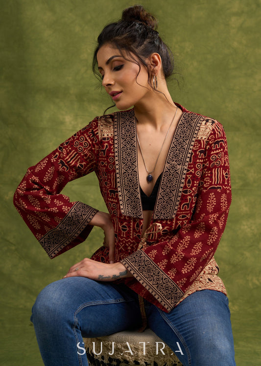 Bohemian Masterpiece : Maroon Ajrakh Patchwork Jacket With Dramatic Bell Sleeves