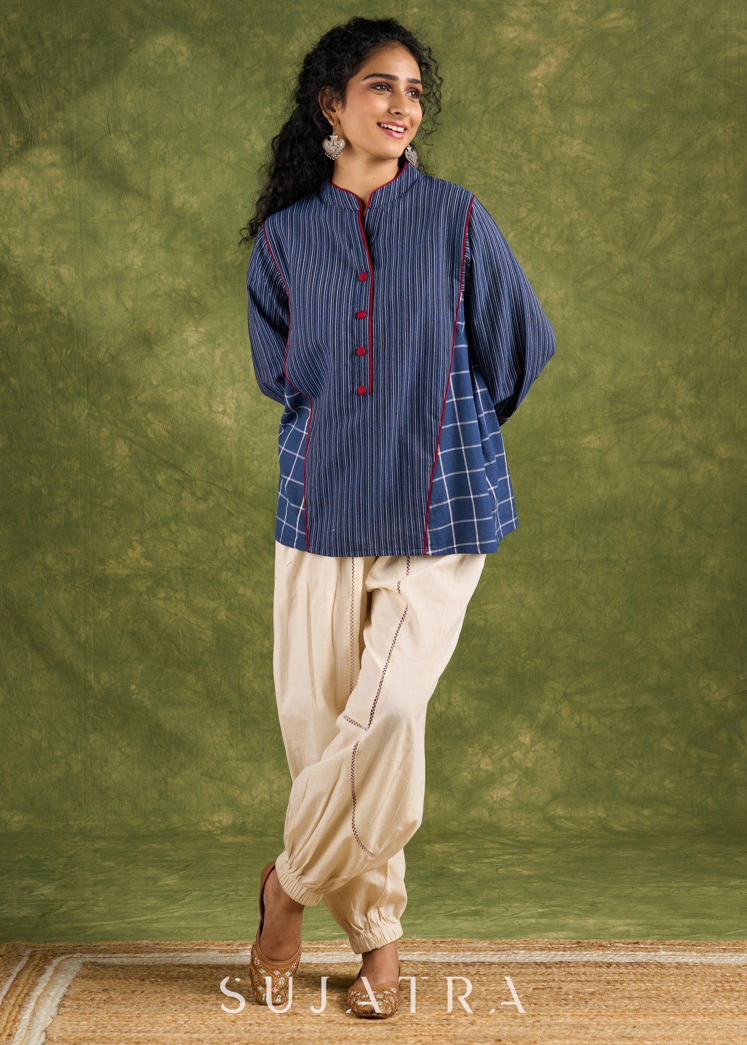 Trendy Oversized Cotton Navy Top - Pant Optional