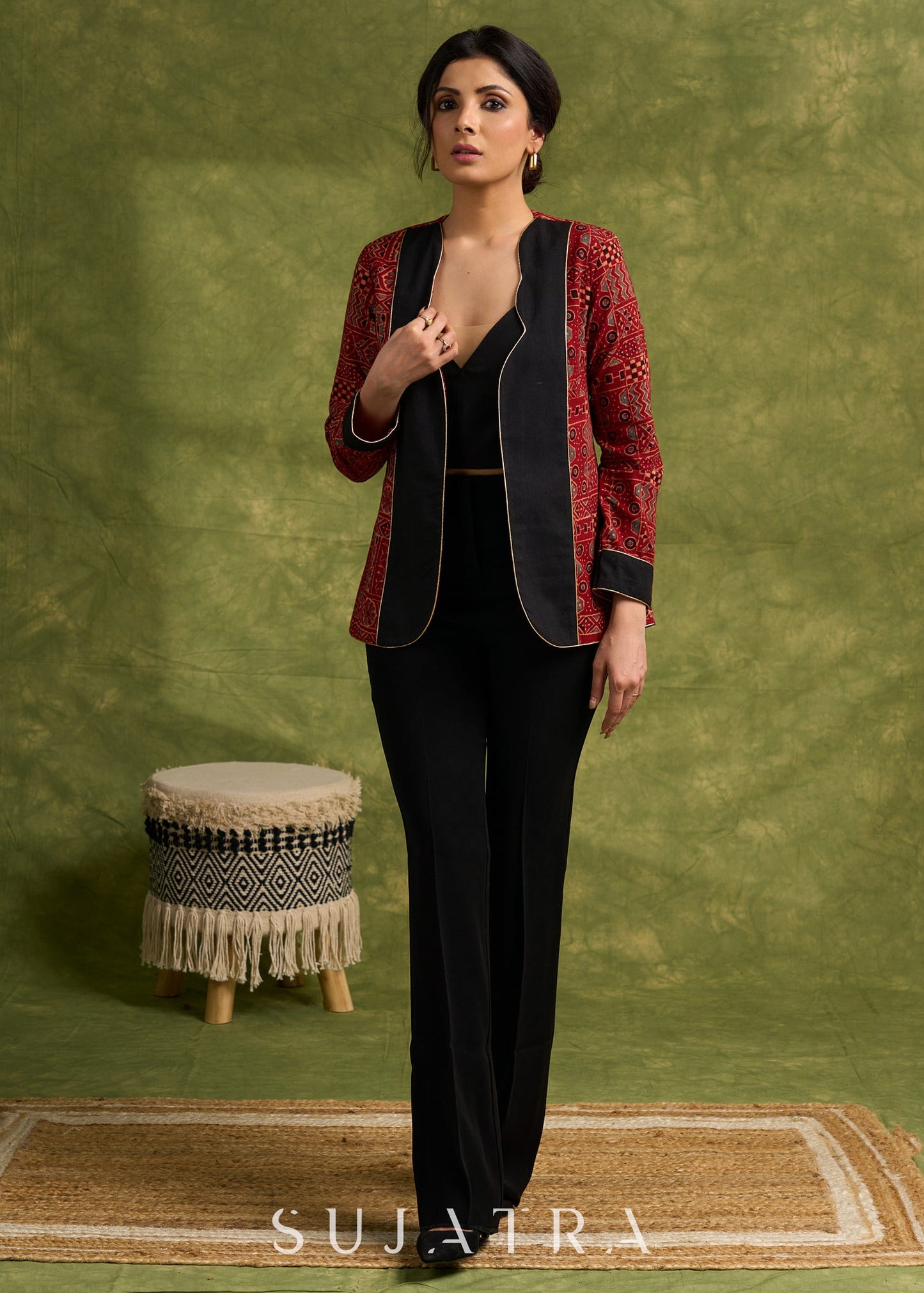 Evening Glamour : Maroon Ajrakh Jacket With Stylish Neckline & Striking Gold Piping