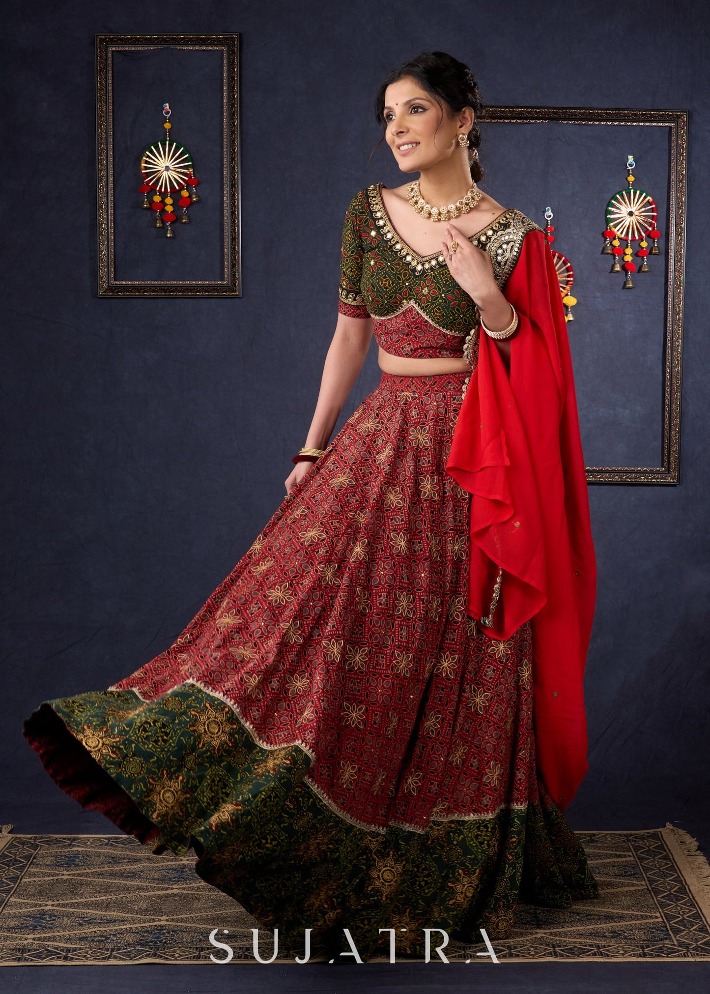 Green & Maroon Ajrakh Mix & Match Lehenga With All Over Embroidery & Contrast Dupatta.