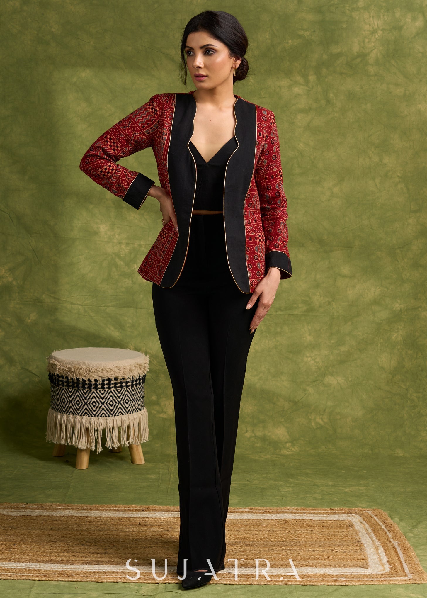 Evening Glamour : Maroon Ajrakh Jacket With Stylish Neckline & Striking Gold Piping