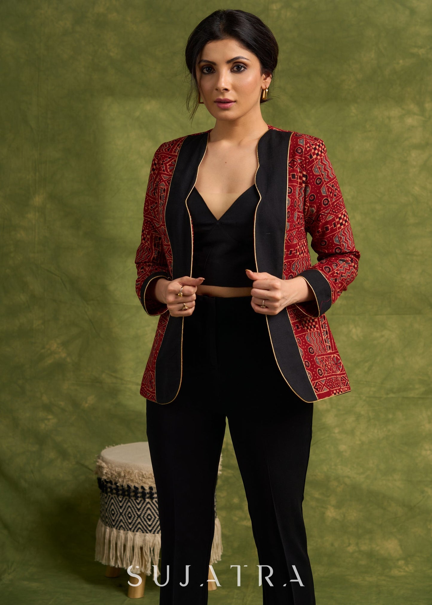 Evening Glamour : Maroon Ajrakh Jacket With Stylish Neckline & Striking Gold Piping