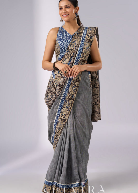 Chic gray cotton saree with Kalamkari combination & Indigo highlights