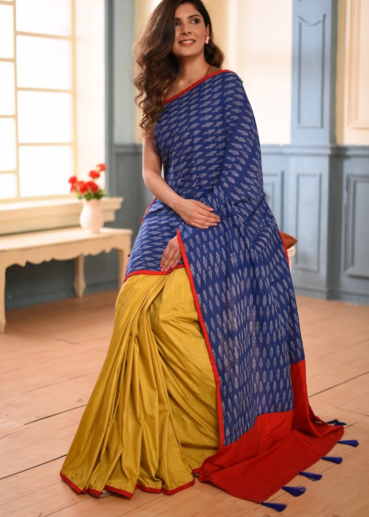 Exlcusive ikat & mustard semi silk combination saree - Sujatra