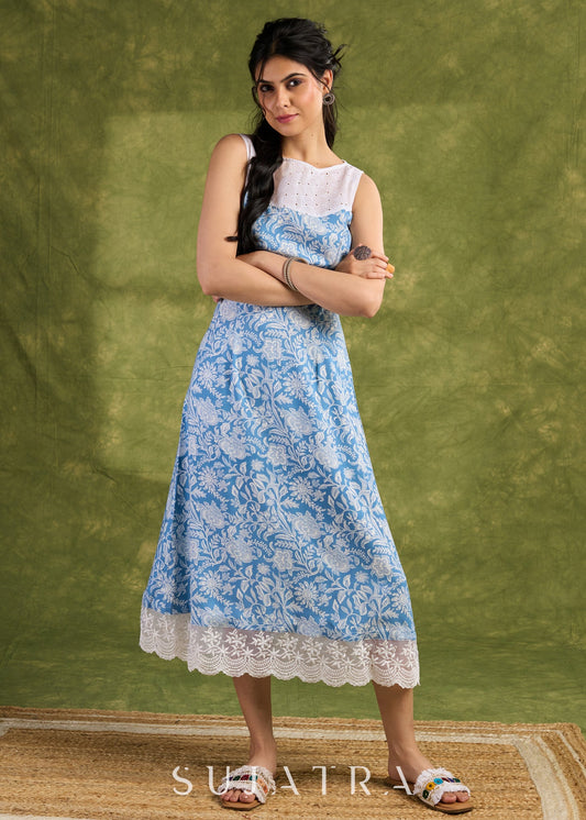 Lace-Trimmed Dress. Light Blue Floral Rayon Print With Delicate Lace Trims