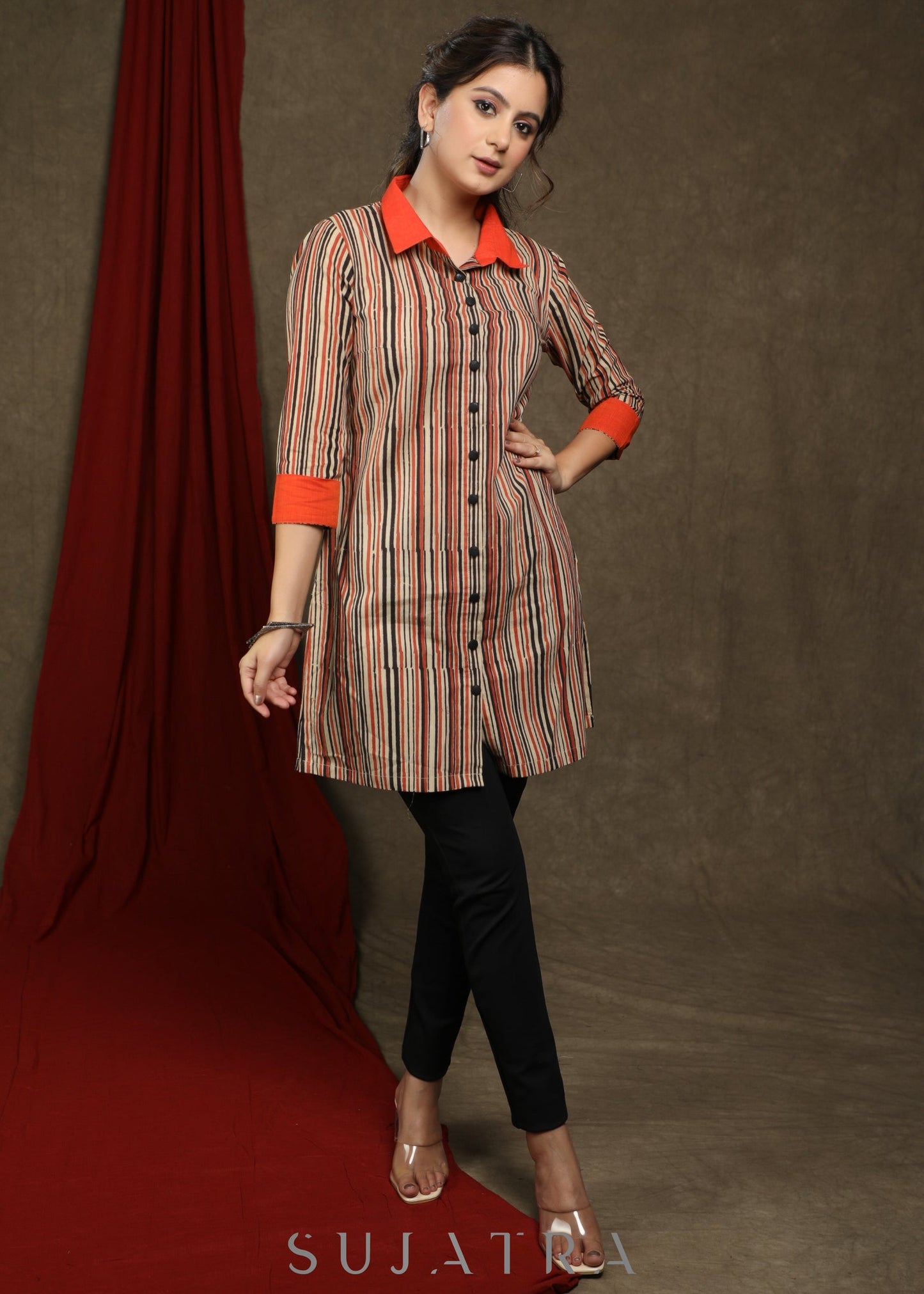 Smart Striped cotton shirt tunic - Ajrakh floral jacket Optional