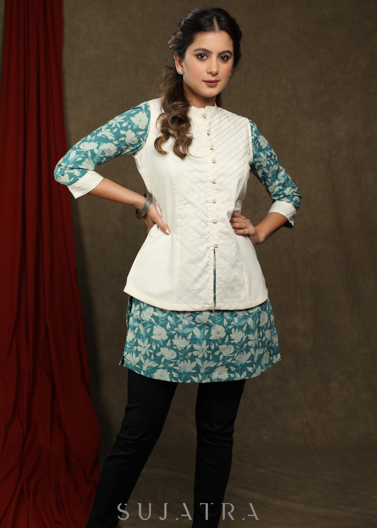 Elegant printed cotton tunic - Off-white Nehru jacket Optional