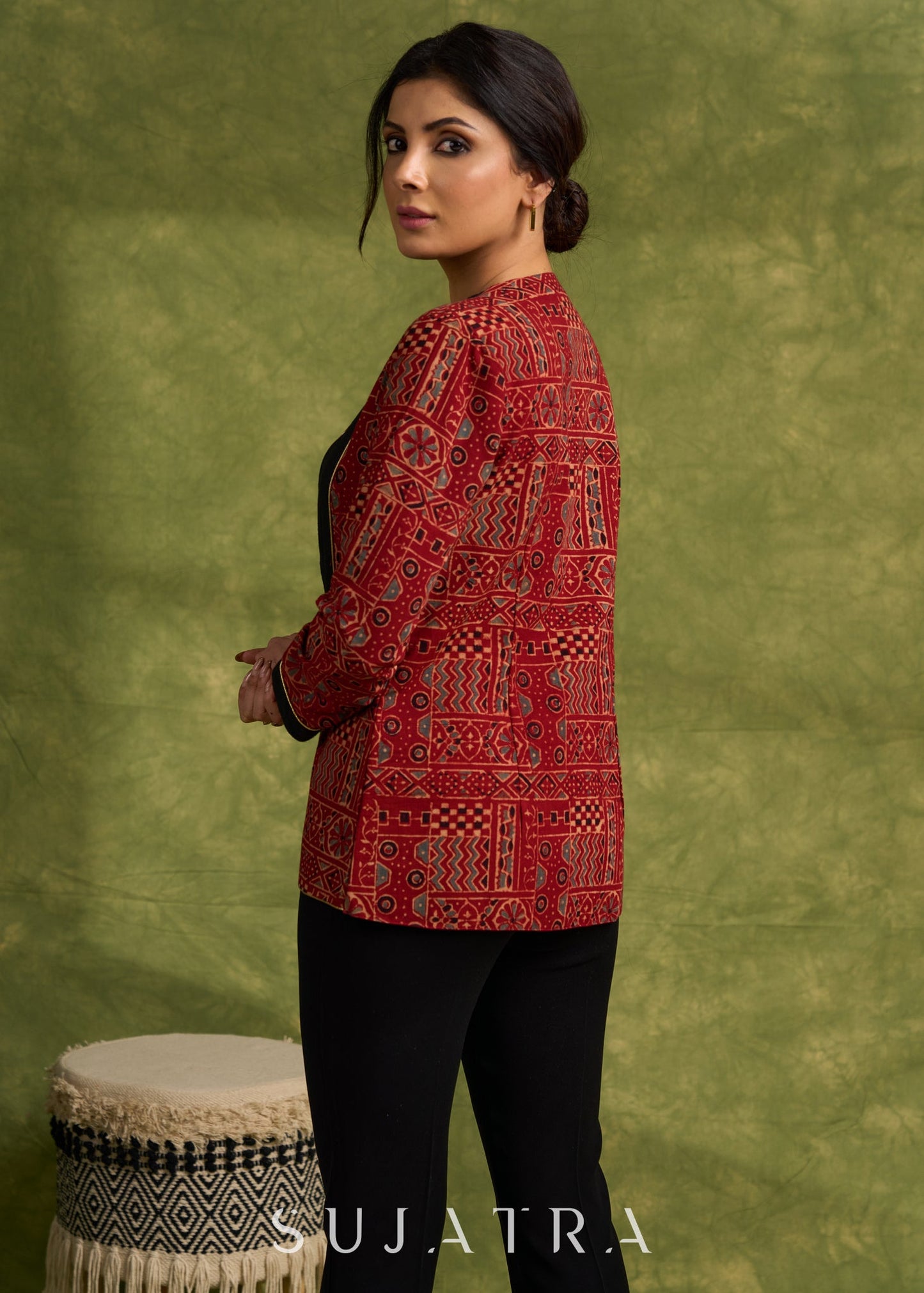 Evening Glamour : Maroon Ajrakh Jacket With Stylish Neckline & Striking Gold Piping