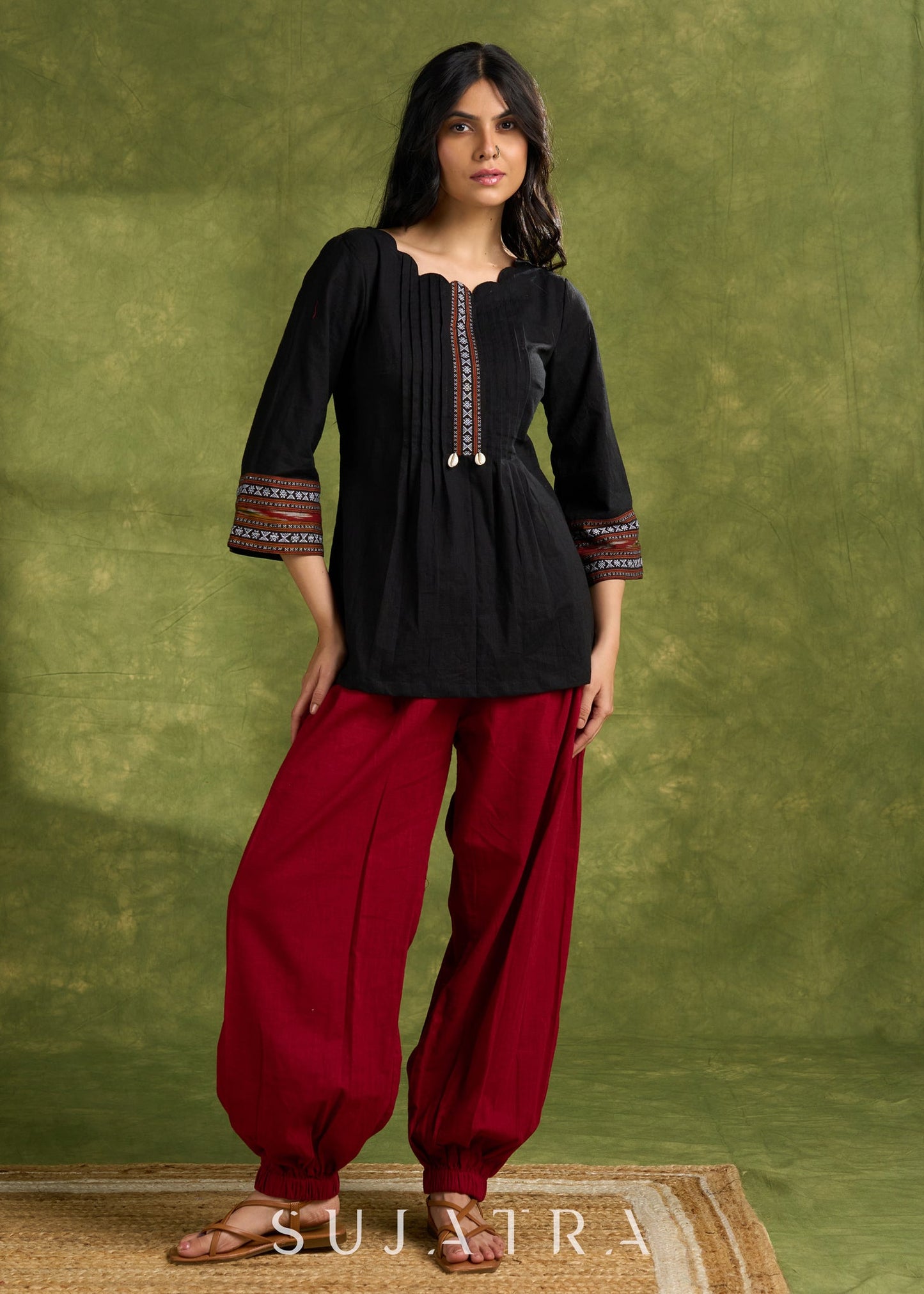 Black Cotton Ikkat Combination Top - Pant Optional