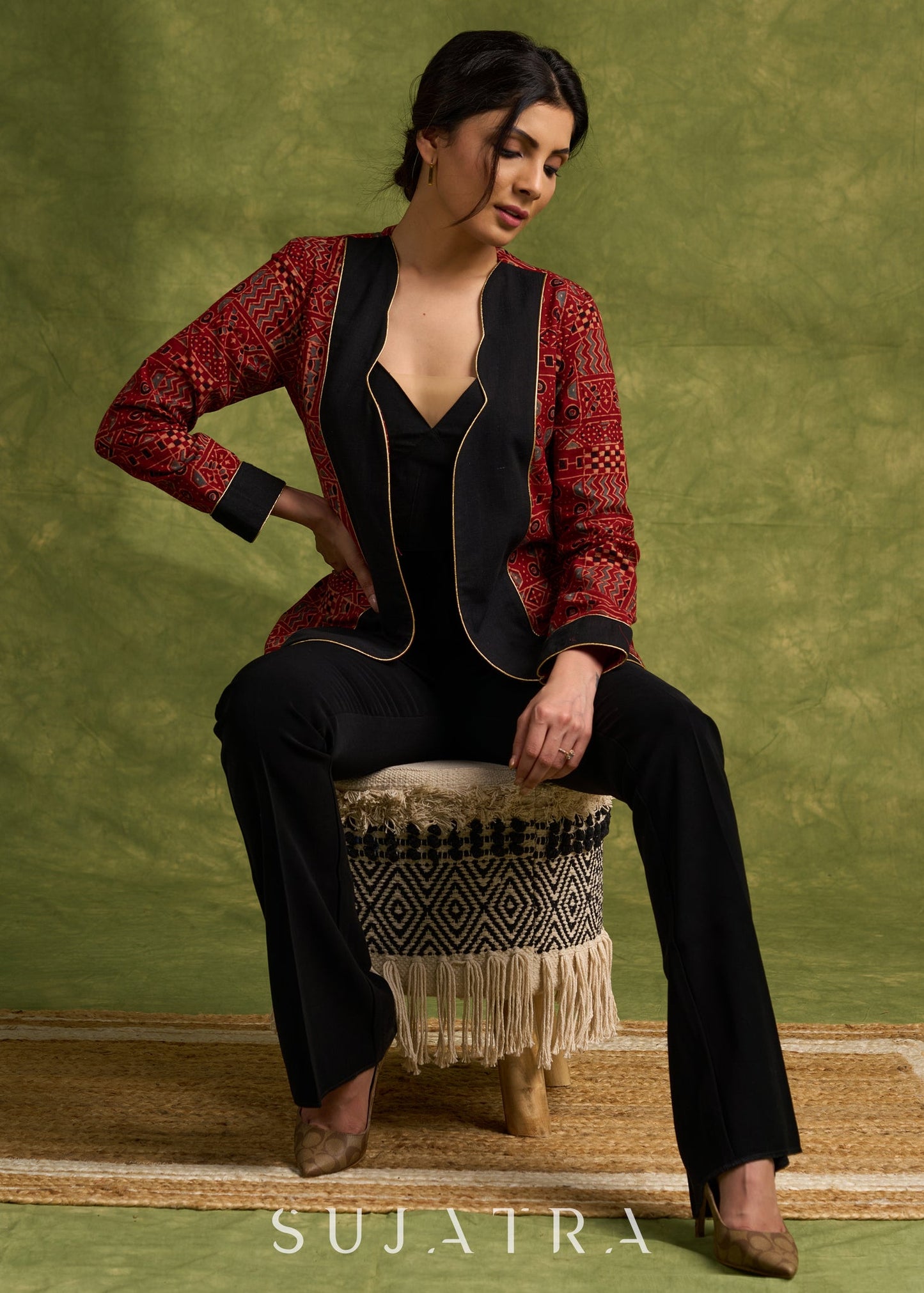 Evening Glamour : Maroon Ajrakh Jacket With Stylish Neckline & Striking Gold Piping